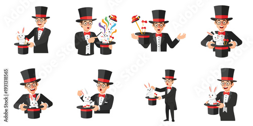 Magician performing tricks with rabbit and top hat