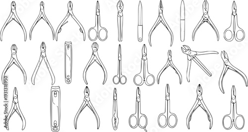 Manicure and Pedicure Tools: Seamless Outline Illustration of Clippers, Scissors, Files  Cuticle Pushers