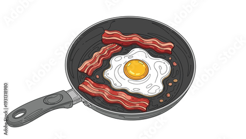 Tasty breakfast scene featuring a sunny-side-up fried egg and three crispy bacon strips cooking in a dark frying pan.