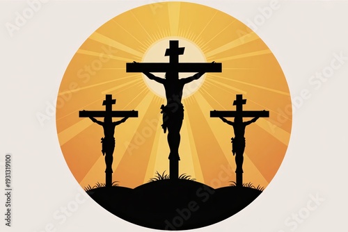Crucifixion of jesus christ depicted in silhouette against a vibrant orange sunburst background symbolizing sacrifice and redemption
