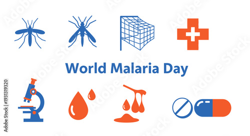 Blue and orange icons related to malaria surround central text World Malaria Day