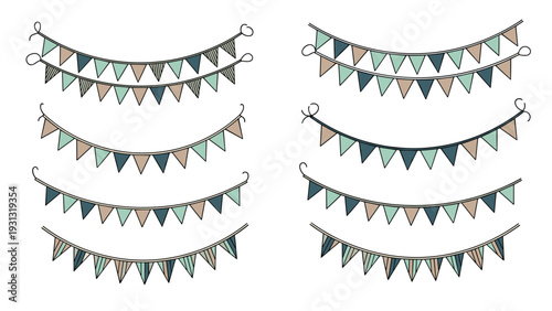 Set of six decorative triangle bunting garlands in a soft color palette of teal, blue, tan, and cream tones.