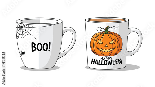 Set of two festive Halloween coffee mugs featuring a spider web with BOO text and a carved jack-o-lantern design.
