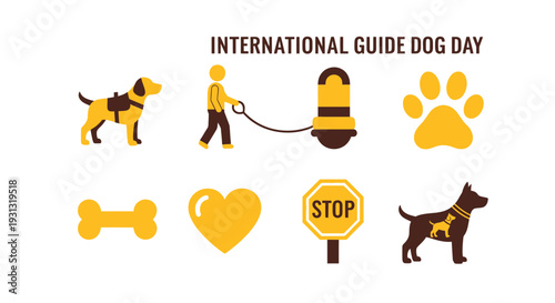 Yellow and brown icons related to International Guide Dog Day