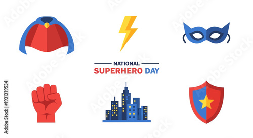 Graphic celebrating National Superhero Day with icons cape lightning mask fist city shield
