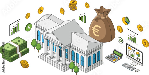 Isometric bank building with money stack euro bag coins charts and calculator financial investment vector illustration
