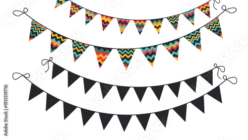 Festive set of bunting banners featuring colorful geometric patterns and solid black triangular flags on a white background.