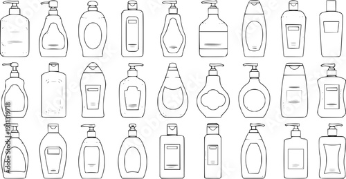 Various Body Care Products: Hand-Drawn Soap, Shampoo, and Lotion Bottles Collection