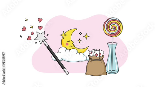 Whimsical collection of magic-themed items including a wand, a crescent moon on a cloud, playing cards, and a lollipop.