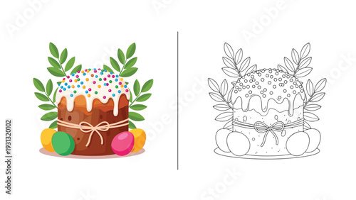 Side-by-side comparison of a colorful Easter cake with sprinkles and eggs next to its black and white line art version.