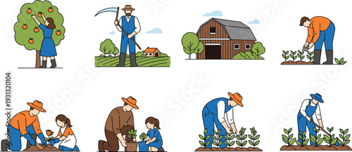 Farm life and gardening activities collection with planting harvesting barn and family agriculture vector illustration set