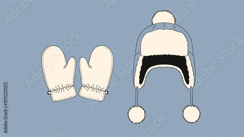 Winter apparel set featuring a pair of warm white mittens and a matching winter hat with earflaps and pompoms on blue.