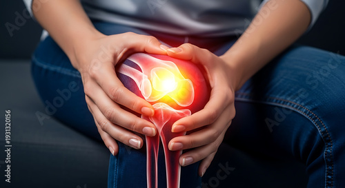 Woman holding painful knee with glowing red inflammation, arthritis pain