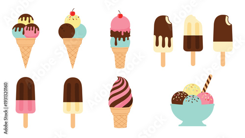 Assortment of colorful ice cream treats including cones, popsicles, and a sundae bowl with various toppings and flavors.