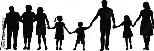 Family generation silhouette illustration, grandparents, parents, children holding hands, unity, support, connection, lineage, togetherness, love, heritage, tradition