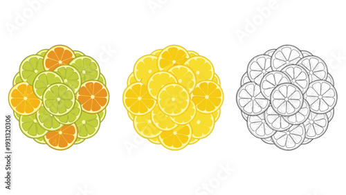 Three round compositions of citrus slices including a colorful mix of lime and orange, a lemon version, and a black outline sketch.
