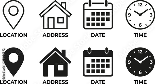 Vector icons for location address date and time concepts