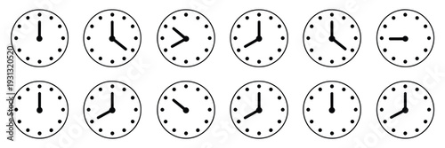  Twelve Analog Wall Clocks in Black Outline, professional vector pack featuring twelve clocks displaying different hours, black outline icons, timekeeping symbols, isolated illus
