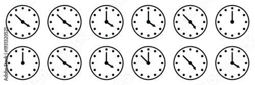 Vector Illustration of Twelve Analog Wall Clocks in Black Outline, showing different hourly times from one to twelve, analog clock icon set, 12-hour variations, isolated flat vector graphics for time,