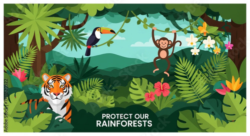 Rainforest animals including tiger monkey and toucan in lush green environment with protect our rainforests sign