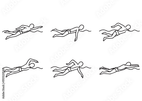 Swimmer in action, set of six cartoon line drawings with transparent background