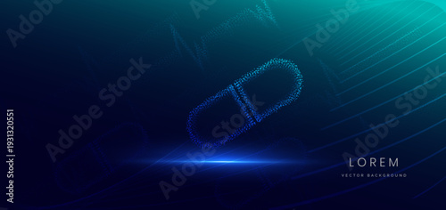 Particle glowing medicine pill icon on dark background.