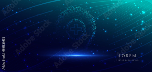 Particle glowing shield medical on dark background.