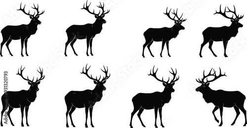 Deer silhouettes, side profile, antler variation, walking stance, standing pose, wildlife vector, black design, nature icon, animal set