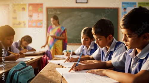 Indian School Girls Studying in Classroom with Teacher, Focused Learning