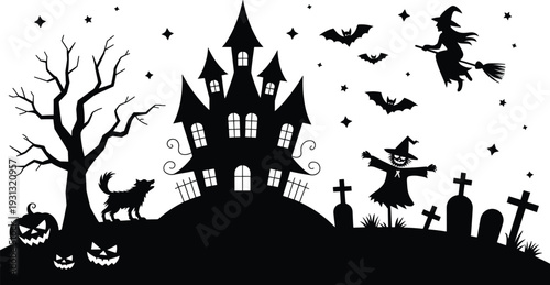 Halloween haunted house silhouette with towers, spooky graveyard, witch flying broomstick, bats, jack‑o‑lanterns, wolf howling, eerie night, festive horror