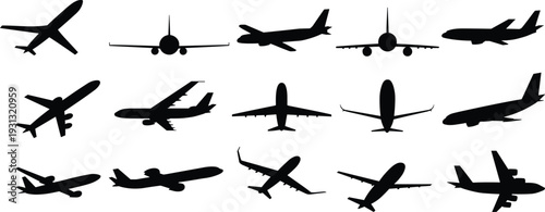 Airplane silhouettes collection, aviation design, aircraft recognition, commercial planes, transportation concept, diverse aircraft types, flight illustration, airline industry, travel graphic