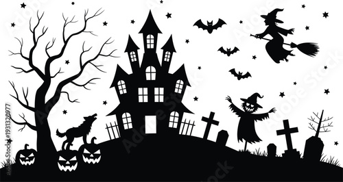 Halloween haunted house silhouette with towers, spooky graveyard, witch flying broomstick, bats, jack‑o‑lanterns, wolf howling, eerie night, horror