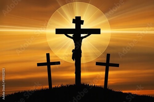 The crucifixion scene with three crosses on a hill at sunset with a dramatic sky