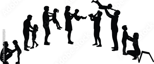 Parent child silhouette illustration, family bond, nurturing relationship, growth timeline, supportive role, parenting stages, childhood development, generational love, lifestyle concept