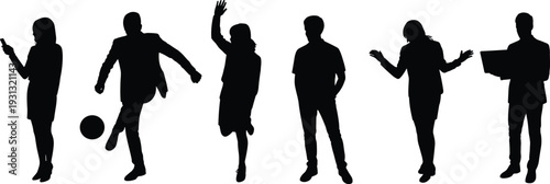 People silhouette illustration, diverse activities, phone usage, soccer playing, hand gesture, laptop holding, teamwork concept, lifestyle vector, workplace culture, social representation