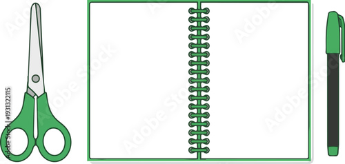 Scissors Notebook and Green Pen Stationery