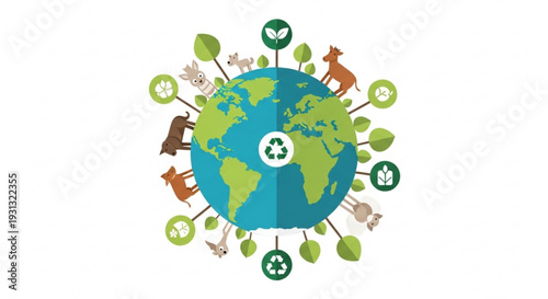Earth surrounded by recycling symbols and animals for eco friendly conservation