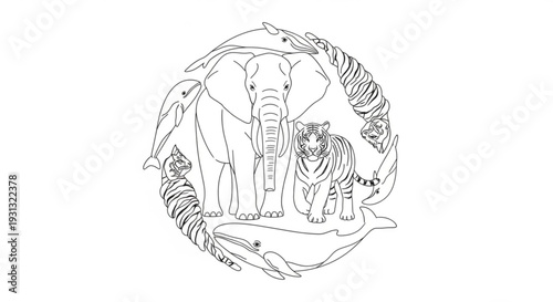 Endangered species earth globe line art illustration with elephant tiger whale and birds in a circular formation