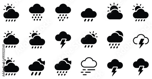 Weather Forecast Icon Collection Set, vector illustration featuring cloud, rain, thunderstorm, wind, and sunny climate symbols, perfect for meteorology apps, UI interfaces, and digital weather design 