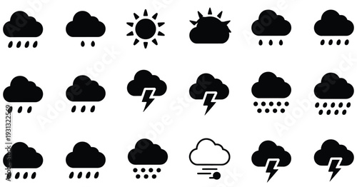 Weather Forecast Icon Collection Set, professional vector pack showing weather symbols including clouds, rain, thunderstorms, wind, and sun, isolated flat icons ideal for app design, dashboards, 