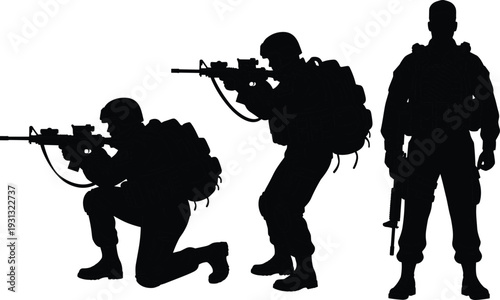 Military soldiers silhouette in tactical combat positions, armed forces team aiming rifles isolated on white background, security concept illustration
