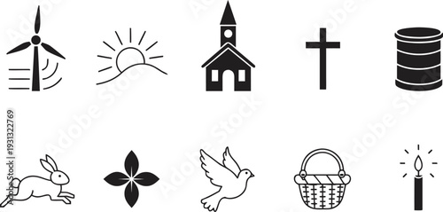Easter holiday icons set with church cross bunny eggs basket spring symbols