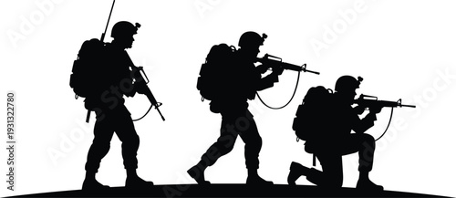 Military soldiers with rifles silhouette set, tactical army combat poses isolated on white background, special forces vector illustration