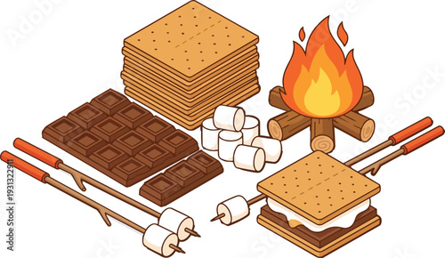 Smores ingredients with campfire and marshmallows
