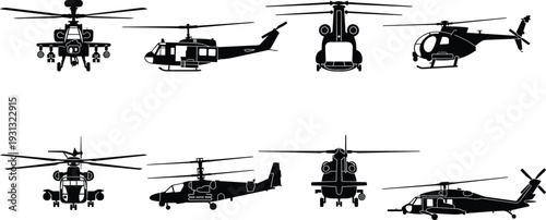 Military helicopter silhouette set, combat aviation aircraft collection, army transport chopper vector illustration isolated, air force helicopter silhouettes bundle