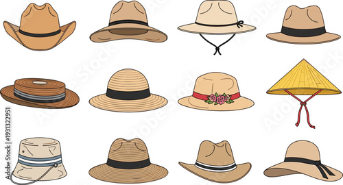 Classic and Cultural Hat Collection Featuring 12 Hand-Drawn Headwear Styles Including Cowboy Conical Sun and Bucket Hats for Travel and Fashion Design