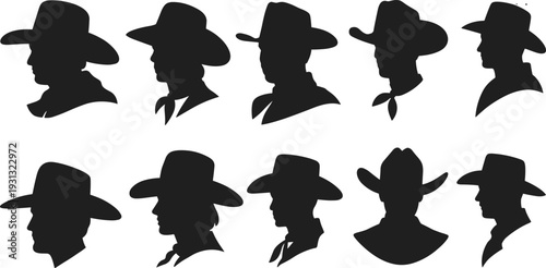 Collection of Black Cowboy Head Silhouette Profiles Wearing Traditional Western Hats and Bandanas Isolated on a White Background for Logo Design