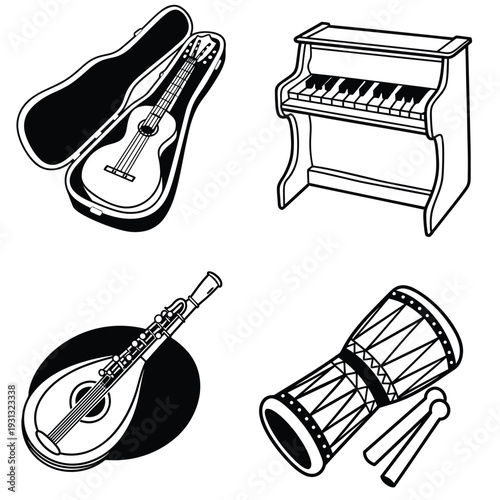 Musical Instruments Collection A curated collection of classic musical instruments, presented in a crisp, clean outline form, ready to bring harmony to your design.