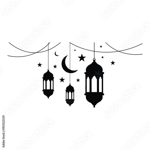 Islamic lanterns and stars hanging from a string  Ramadan decoration  black silhouette on white background  crescent moon and stars