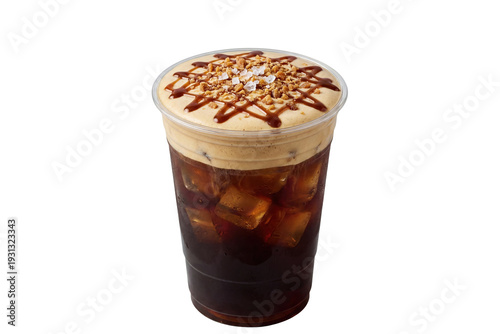 iced salted caramel cold brew coffee with sweet cream foam in a plastic cup, isolated cutout